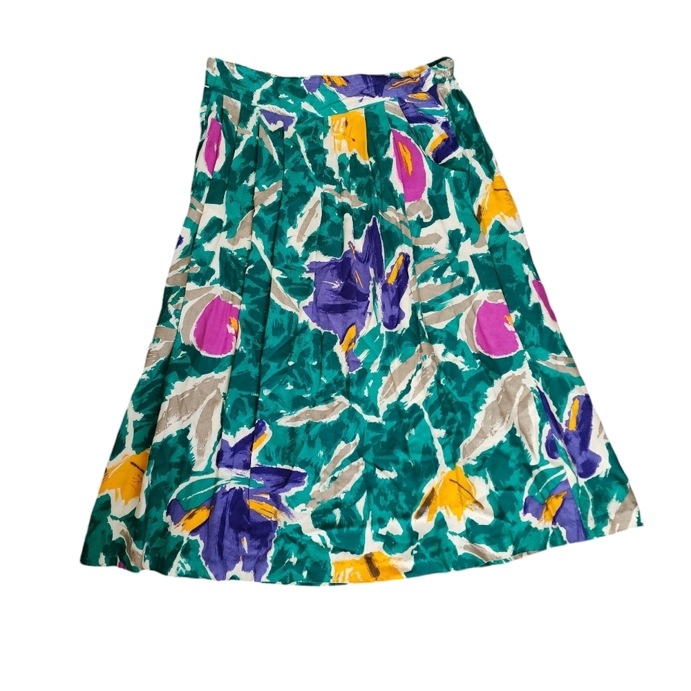 Vintage Hand-Painted Look Floral Skirt | High Waisted Pleated Midi Size 10 - Picture 4 of 9